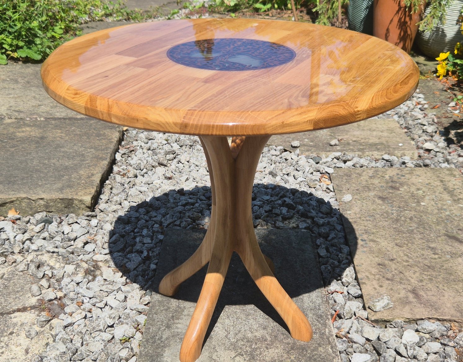 Epoxy coated oak staved coffee table with walnut tree of life inlay