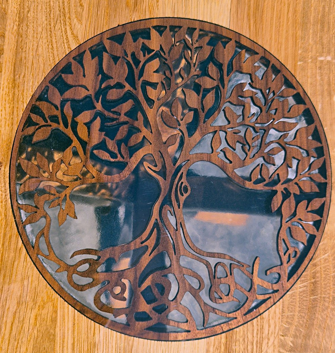 Walnut tree of life suspended in crystal-clear epoxy resin