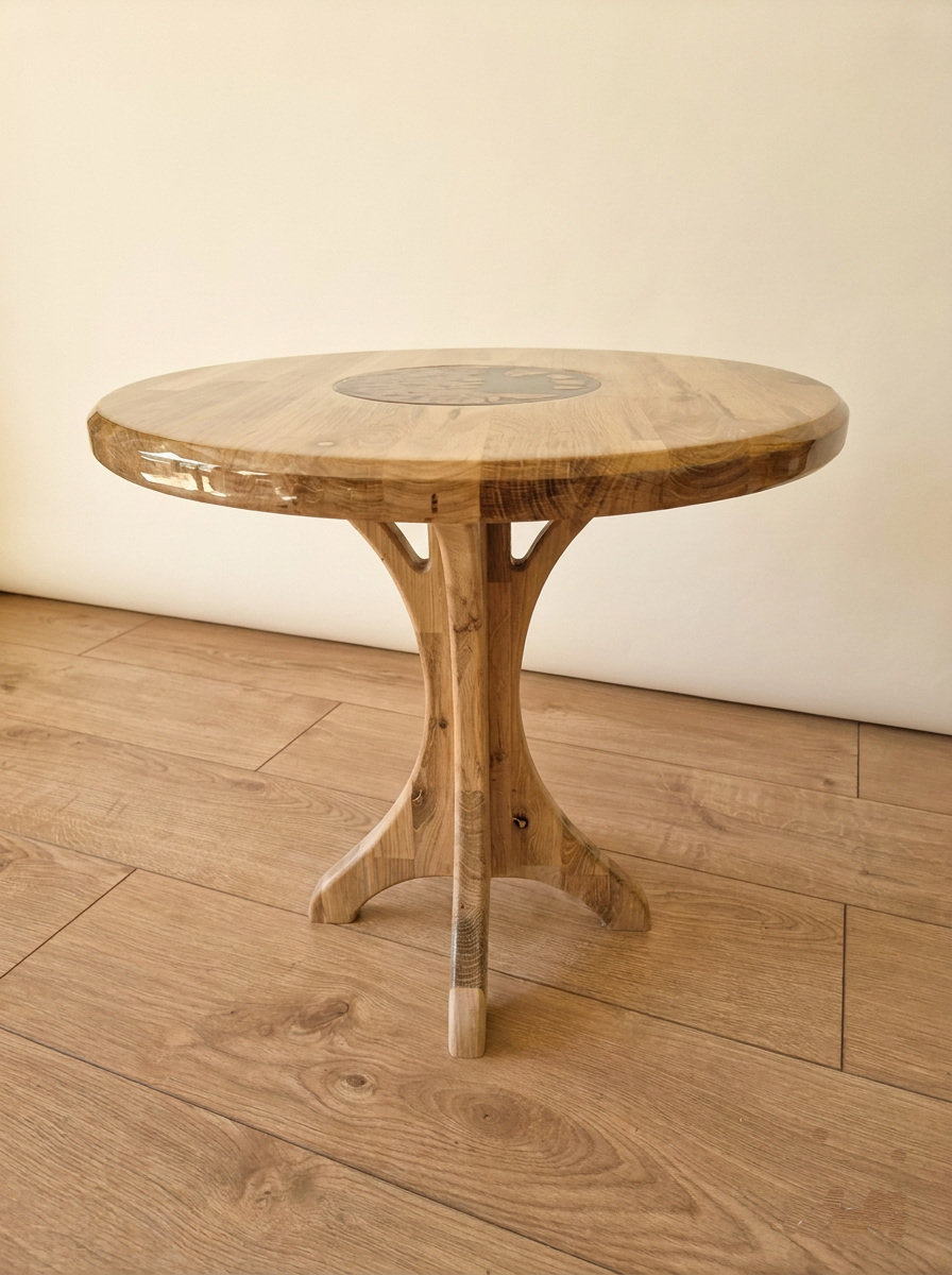 Full table carved from staved oak with clear epoxy resin