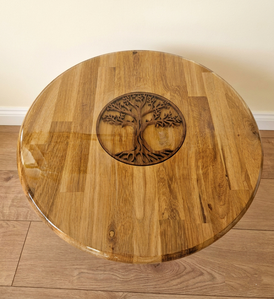 Round coffee table made from staved oak worktop with Tree of Life walnut inlay and epoxy